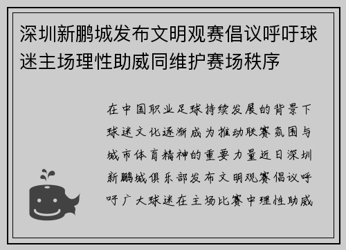 深圳新鹏城发布文明观赛倡议呼吁球迷主场理性助威同维护赛场秩序