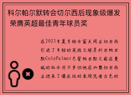 科尔帕尔默转会切尔西后现象级爆发 荣膺英超最佳青年球员奖